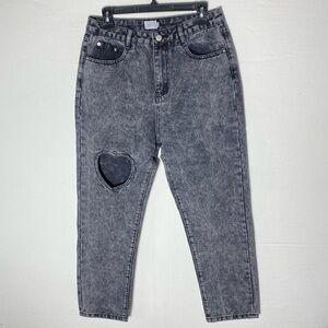 Tal Clothing Acid Wash Black High Rise Cropped Jeans W Heart Cutout 30